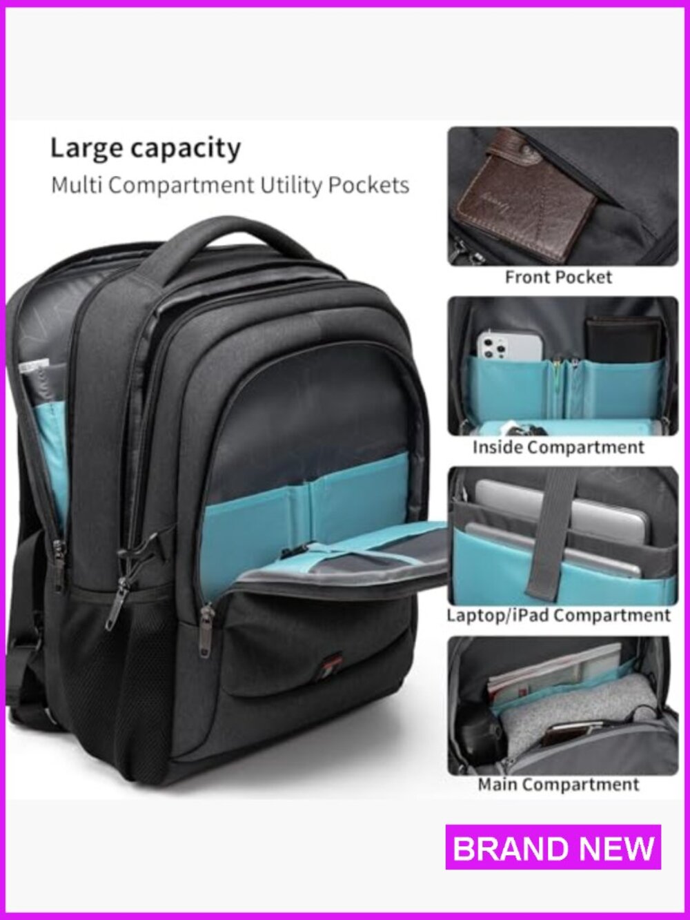 17 Inch Laptop Backpack with USB Charging Port Travel College Bag Water - Picture 3 of 6